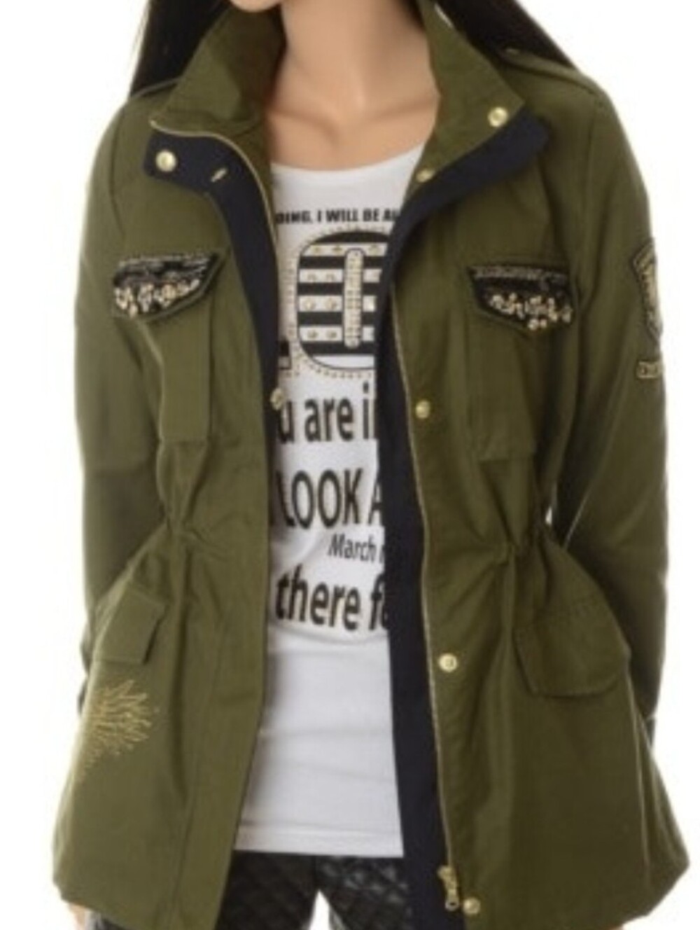 Olive Green Military Field Jacket with Embellished Pockets